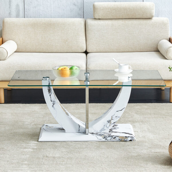 cf21a7884fd9453e92477892a5698827_20240206_be3821e075deb8da81b0030376916db2 Modern minimalist transparent tempered glass coffee table with marble patterned MDF legs and stainless steel decorative columns. Computer desk. Game table. CT-907