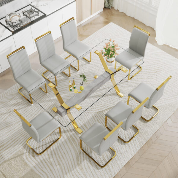 cf26bd55523a42119a2ad59e0a8f154b_20230821_6fa0d9e1a7ed89182dfdc0914bff821e Dining table. Modern tempered glass dining table. Large modern office desk with gold plated metal legs and MDF crossbars, suitable for both home and office use. Kitchen. 79 ''x39''x30 '' 1105