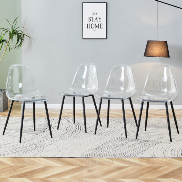 cf43da2637654833834ca54f9927760b_20231016_3988e10271ca3158c51a69ef2a313661 Modern minimalist transparent dining chair, plastic chair, armless crystal chair, Nordic creative makeup stool, negotiation chair, set of 4 pieces, black metal legs,TW-1200
