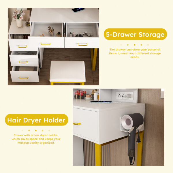 cf78238db64e4fd49c36576003f86d11_850c022146236ad726f603c61e8d9223 Makeup Vanity with LED Lights&3 Color and Power Outlet Makeup Vanity Table with 5 Drawers with Sturdy Metal Leg and Metal Chair Dressing Table for Bedroom Dressing Room (White)