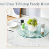 Double layer rotatable round glass.The rotatable design makes it more convenient to retrieve and place items.The upper glass has a diameter of 20 inches, while the lower glass15 inches.