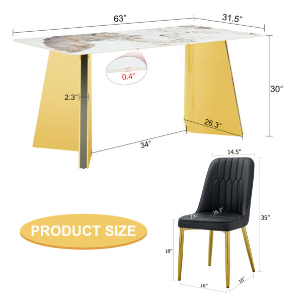 cfb1503b487f4d89a410ae421e2e4c26_8ab848b37bb0ab460211cdf9ac940694 Table and chair set.63"x31.5x30" Luxurious Pandora patterned Sintered Stone Tabletop with Golden Stainless Steel Butterfly Legs.Paried With 4 Black PU Chairs with Simple Line Designs On The Backrest.