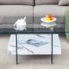 31.4 Inch Modern Two-Tier Square Coffee Table - An Elegant Combination of Clear Glass and White Marble Pattern Sticker.It can be used as a coffee table,a side table or a display stand.