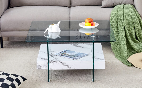 cfbe1ead65d14124a50e4eac67ae7462_303c8b6c68ac5977f5b2cea61d1f3b43 31.4 Inch Modern Two-Tier Square Coffee Table - An Elegant Combination of Clear Glass and White Marble Pattern Sticker.It can be used as a coffee table,a side table or a display stand.