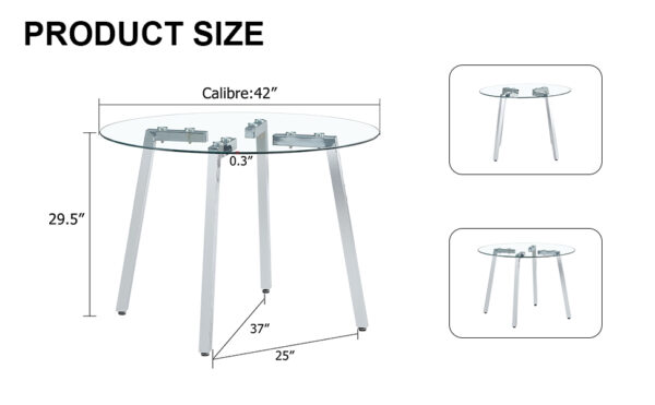 Modern minimalist style circular transparent tempered glass table, tempered glass tabletop, silver metal table legs, suitable for kitchen, dining room, and living room, 42 "* 42" * 29.5 "1123r