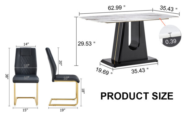 Table and chair set, modern and minimalist dining table, imitation marble patterned tabletop, MDF legs with U-shaped brackets. Paired with comfortable chairs, suitable for dining and living rooms.