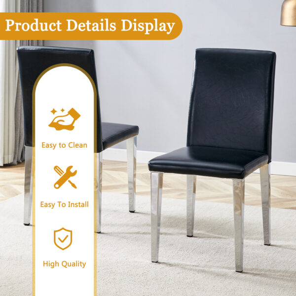 d01e33d8ed87451c9f4c666537ff8a2a_f620505d2a779928fef03aeb9aa25fe2 Table and chair set.64.5x35.4 Inch Stylish White Marble Textured Dining Table.Paried With 4 Black PU dining chairs, Silver Metal Legs.Simple and versatile.High Elasticity Sponge Filling.