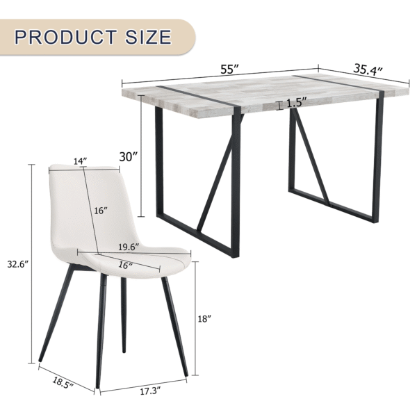d021f76dac4b455cb2f7cea5e94b393b_3aaa10641f851c1c793a22bd296f83fb Table and chair set.A minimalist retro rectangular dining table with a specially textured top and black metal legs.Paired With 4 White Artificial PU Chairs With Curved Widened Cushion Design.
