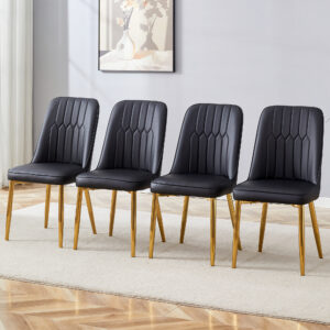 4 modern dining chairs, sleek PU leather backrest, and gold metal legs bring a comfortable home experience to the kitchen, bedroom, and office.