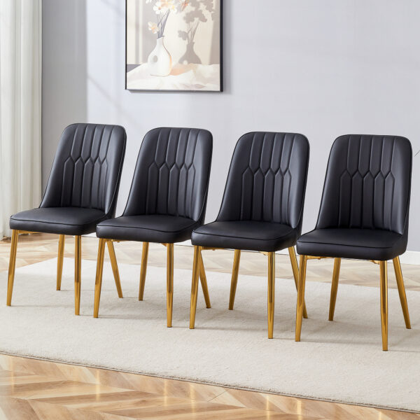 d02f00f1770e41df962ca895a82201b2_03ff5bec595e19db8fe05f6603a37189 4 modern dining chairs, sleek PU leather backrest, and gold metal legs bring a comfortable home experience to the kitchen, bedroom, and office.