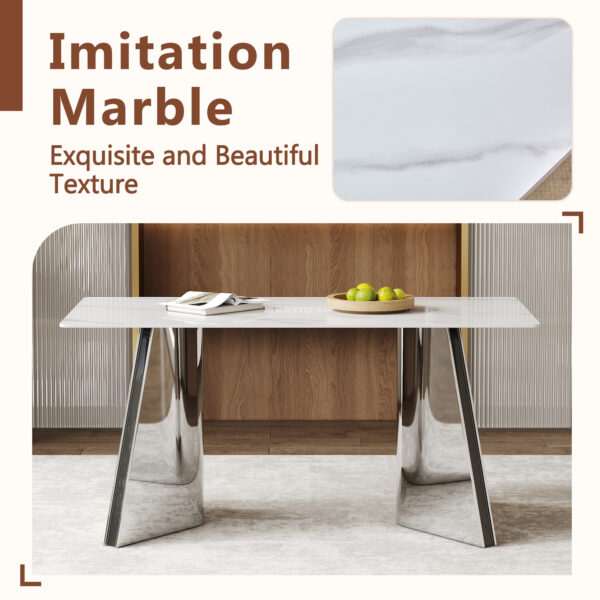 d03672bc03c84d3f9f650f9523d1d0cd_4b37d0de7640ff444bc698cf2f62e796 Table and chair set.63"x31.5x30" Luxurious Snow Mountain Patterned Sintered Stone Table with Silver Stainless Steel Butterfly Legs.Paried With 6 White High-quality PU Chairs With Arched Metal Legs.