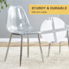 Table and chair set.Modern Luxurious white Marble-Patterned Tempered Glass Dining Table with 6 Transparent Plastic Chairs with silver legs.Single fork silver metal table legs.