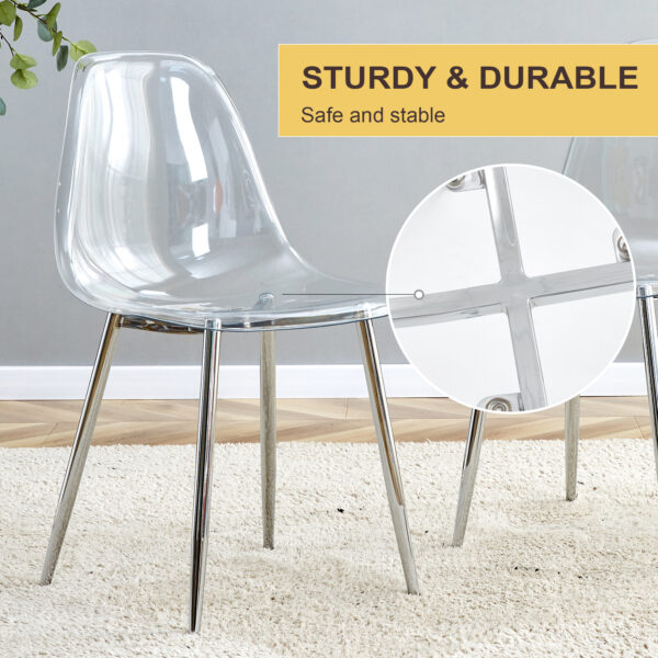 d03777f8b61b418c82d5979e18f1f4e1_cd75b2f8a45bf1b2a3e49538c120886f Table and chair set.Modern Luxurious white Marble-Patterned Tempered Glass Dining Table with 6 Transparent Plastic Chairs with silver legs.Single fork silver metal table legs.