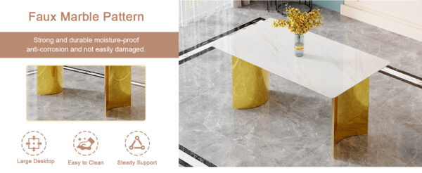 d03c46c2ff3344efa1914ac3aa39cd15_bda65bb4b5ebe05db3c807199922892a Modern minimalist dining table. White imitation marble glass sticker tabletop, golden table legs, stable and beautiful. Suitable for living room and dining room 63" *35.4" *30 DT-69
