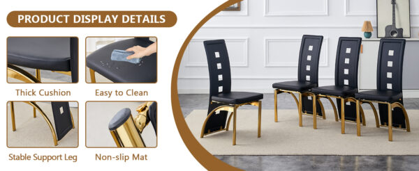 d04877ec83f54936b9cf6dbe61a1eaeb_acb2bbabdcab63958db00c006674e3ae Table and chair set.63"*35.4" White Imitation Marble Pattern MDF Dining Table Set - 6 PU Chair With Black Saddleback, Geometric Pattern Backrest,Golen Curved Metal Leg..Suitable For Various Scenes.