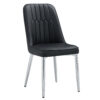 6 modern dining chairs, sleek PU backrest, and silver metal legs bring a comfortable home experience to the kitchen, bedroom, and office.Black PU Chairs with Simple Line Designs On The Backrest.