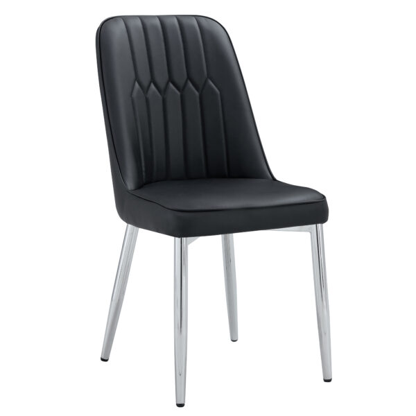 d0577c1a691342a29520a5bdbb36485c_993205cb983b34b2a858f000e1ba8dcc 6 modern dining chairs, sleek PU backrest, and silver metal legs bring a comfortable home experience to the kitchen, bedroom, and office.Black PU Chairs with Simple Line Designs On The Backrest.
