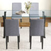 Table and chair set.79"x31.5" Inch Tempered Glass Tabletop With X-shaped Black Metal Table Legs,Wood Grain Textured MDF Crossbeam.Paired With 6 Light Gray Linen-Cotton Dining Chairs.