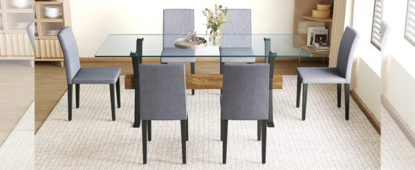 d05cd53d8b6446b69a6eed7c2f6343b9_508470387891fd38119d007ba4584425 Table and chair set.79"x31.5" Inch Tempered Glass Tabletop With X-shaped Black Metal Table Legs,Wood Grain Textured MDF Crossbeam.Paired With 6 Light Gray Linen-Cotton Dining Chairs.