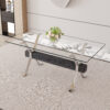 Dining table. Modern tempered glass dining table. Large modern office desk with silver plated metal legs and black MDF crossbars, suitable for both home and office use. Kitchen. 71 ''x35.4''x30 ''