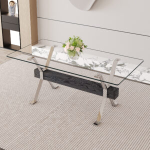Dining table. Modern tempered glass dining table. Large modern office desk with silver plated metal legs and black MDF crossbars, suitable for both home and office use. Kitchen. 71 ''x35.4''x30 ''
