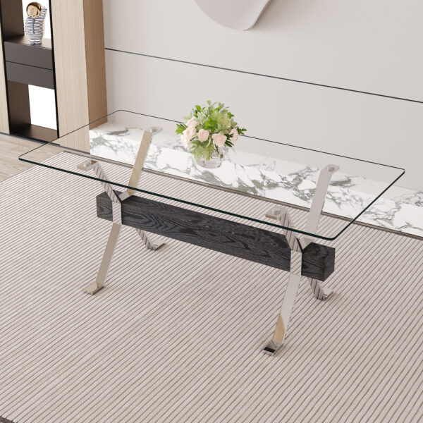 d0697647695e49e4ab15176da205b8fc_802eb0c369938e17631894a2ff99f650 Dining table. Modern tempered glass dining table. Large modern office desk with silver plated metal legs and black MDF crossbars, suitable for both home and office use. Kitchen. 71 ''x35.4''x30 ''