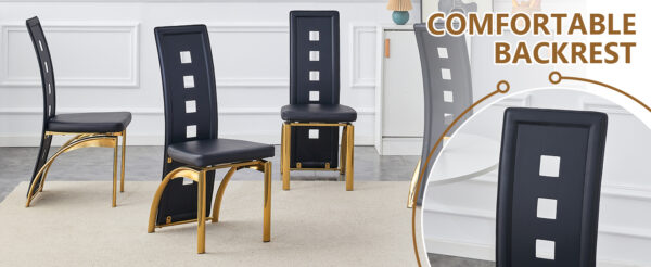 d06a6e5064b245698ce3015e65c9f120_0a0818f04b1fe9b5a19b0a88ea0aeb6f Table and chair set.63"*35.4" White Imitation Marble Pattern MDF Dining Table Set - 4 PU Chair With Black Saddleback, Geometric Pattern Backrest,Golen Curved Metal Leg..Suitable For Various Scenes.