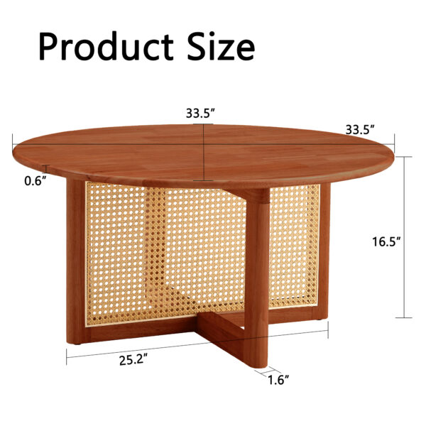 A natural and elegant deep red wooden coffee table with artificial rattan decorations, perfect for a fashionable living room and comfortable tea drinking time