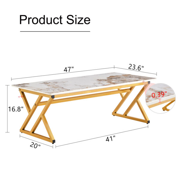 d0b953c4d3fe4dd885d134b0c8870fe1_bbb752a30f8192c179ee9f59bab9cc5b A coffee table is made of rock slab material, with a natural and smooth marble pattern on the surface, which complements the modern design of the golden metal legs and adds a touch of fashion.47*23.6