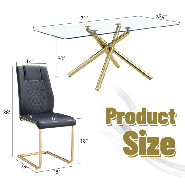 d0c86952591f424a99a7bc4b2cf7db89_1a2b190f6c14034c85bad97ef615ab68 Table and chair set.Modern Luxurious Transparent Tempered Glass Dining Table Set with 6 Chairs.Single Fork Golden Metal Table Legs.Black high-quality PU dining chairs with golden metal legs.