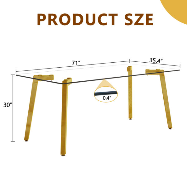 d0e46b45cff94ff192de2f084563b617_cf18736f5e5d2fab6a0ebb8f1f90afec 71 * 35.4 inch rectangular dining table. The transparent tempered glass tabletop is paired with golden 7-shaped metal table legs, showcasing a minimalist texture. Suitable for various places.