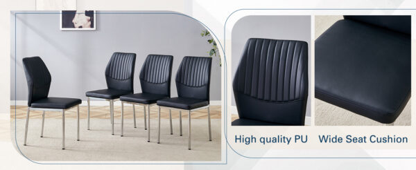 d0ef1579a8934d9a8e422b3acbece48b_af960f8f88499903926691fa3805fc7e Luxury Simple Chair - Set of 6 BLACK PU Material High Resilience Dining Chair with Metal Silver Leg.The Chair Back Has a Vertical Stripe Design With Smooth And Uniform Lines.
