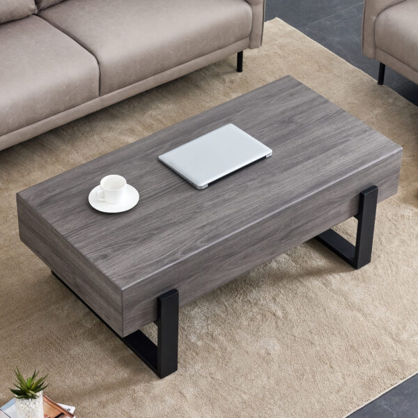d10baf3eeeca4fd3921d133c01eb6f27_20240122_92dd5eba8eed3ecfb2f5bc57560707bd A rustic gray wood grain MDF coffee table with black metal legs - an elegant space in natural wood tones