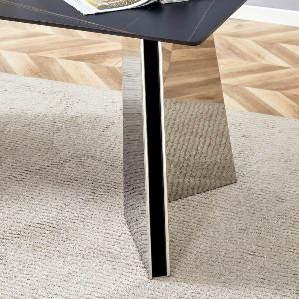 d11403ac97054dd5a4c5ff7b67dbf264_ec1d77f70905c19761ac50536cead6f5 63"x31.5x30" Black Marble-Patterned Slab Dining Table with Stainless Steel Butterfly Legs.The tabletop is designed to be scratch and heat resistant.Slabs Tabletop,Stainless Steels Legs.
