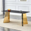 63"x31.5x30" Black Marble-Patterned Slab Dining Table with Golden Stainless Steel Butterfly Legs.The tabletop is designed to be scratch and heat resistant.Slabs Tabletop,Golden Stainless Steels Legs.