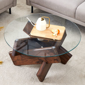 Round glass coffee table, 33.4" modern design unique coffee table. Tempered glass top with Walnut colored texture sticker MDF legs. Suitable for living and dining rooms