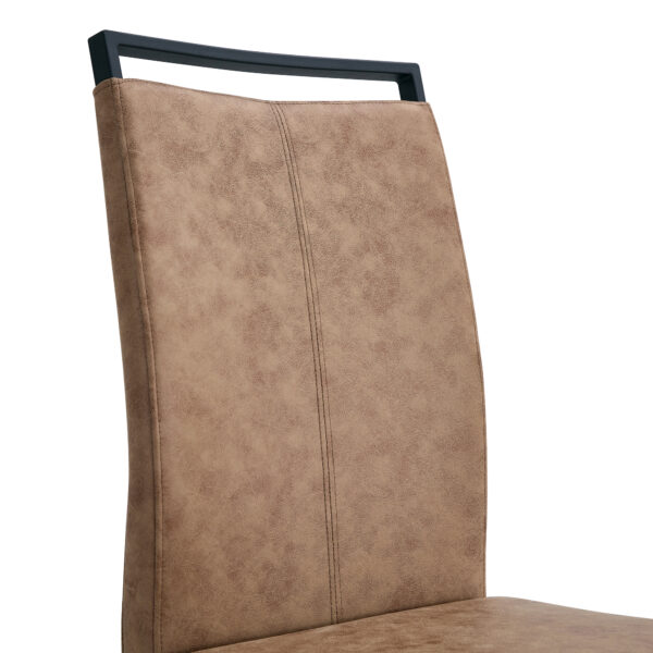 d12ed4f14b7b44c29df997bcd8d07523_222d2a2265ca0527c3d9264d5ae2cfbc Table and chair set.64.5 x 35.4 Inch Stylish Wood Color Textured Dining Table.Perfectly Blending Simplicity And Transparency.Paried With 4 Brown technology fabric chairs with arched black legs.