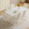 55"x31.5"Cream-Style White MDF Dining Table Set with 6 Armless Chairs.The backrest of the dining chair is designed with multiple vertical stripes.Adding a warm atmosphere to your family.
