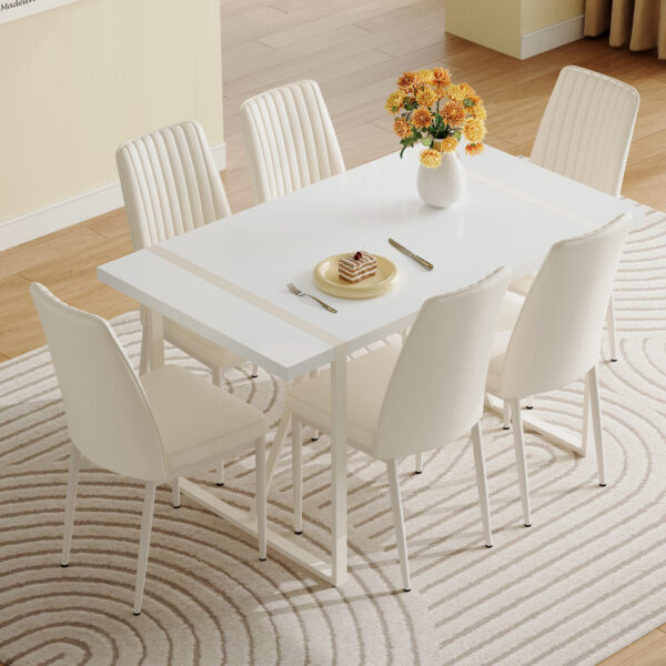 d12fdb77fc674170b48dea538276e3b2_172681ca455bb5d8f3b124c9b61ec180 55"x31.5"Cream-Style White MDF Dining Table Set with 6 Armless Chairs.The backrest of the dining chair is designed with multiple vertical stripes.Adding a warm atmosphere to your family.