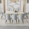 Table and chair set.The table has a glass top with imitation marble pattern stickers and stainless steel golden legs. Paried with chairs with PU artificial leather backrest cushions and black legs.