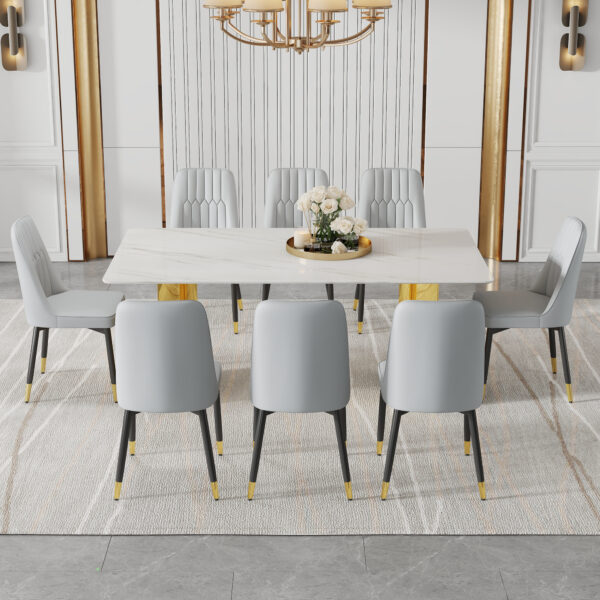 d158969d352247c3b9ac4e0f750ebb90_30a5f46b3b8d7cb17bc71251d0b838a7 Table and chair set.The table has a glass top with imitation marble pattern stickers and stainless steel golden legs. Paried with chairs with PU artificial leather backrest cushions and black legs.