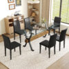 Table and chair set.79"x31.5" Inch Tempered Glass Tabletop With X-shaped Black Metal Table Legs,Wood Grain Textured MDF Crossbeam.Paired With 6 Black PU Dining Chairs, Simple And Versatile.