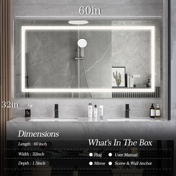 60" x 32" LED Bathroom Mirror with Anti-Fog and Touch Sensor – Modern Frameless Lighted Wall Mirror for Bathroom Vanity, Shower Room, or Dressing Area