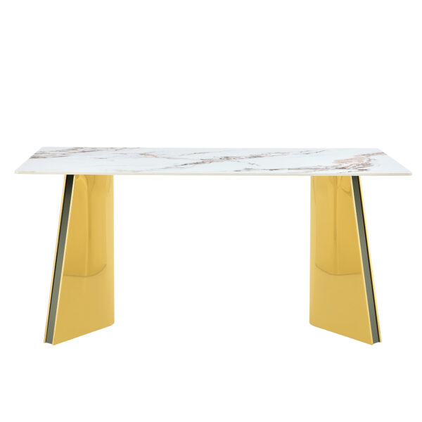 d16d9dc6e61646538528f4e9db590e29_22a370102a46bc06bc232e9603b52287 Table and chair set.63"x31.5x30" Luxurious Cold Jade Patterned Sintered Stone Dining Table with Golden Stainless Steel Butterfly Legs.Paried With 4 Black High-quality PU Chairs With Arched Metal Legs.