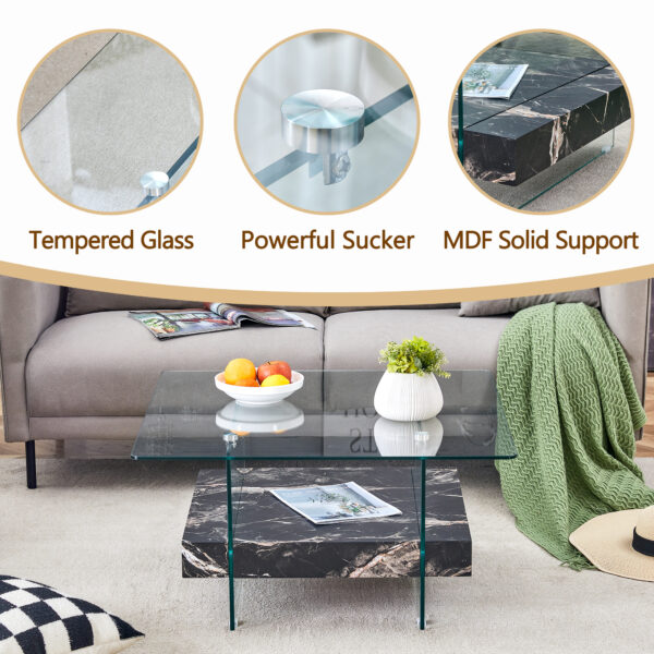d196d70498f946e8a4d5936bffac5016_28ab1ba29817e74852bce1b815f15263 31.4 Inch Modern Two-Tier Square Coffee Table - An Elegant Combination of Clear Glass and Black Marble Pattern Sticker.It can be used as a coffee table,a side table or a display stand.