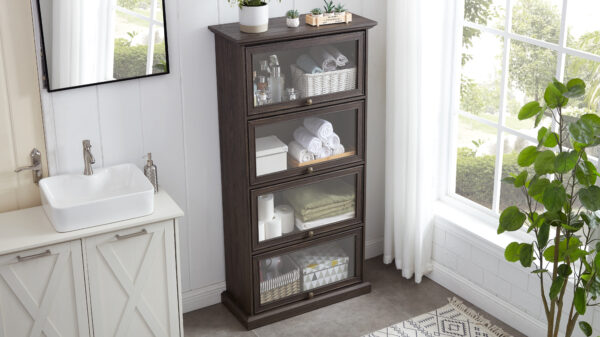 4 Tier Glass Display Cabinet for Living Room Stylish Storage Curio Cabinet with Flip Up Glass Doors Perfect Collectors Showcase Toy Figure Organizers Rack Elegant Bookcase- BROWN