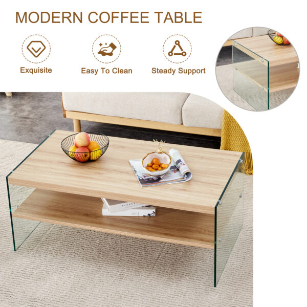 Three-tier side table and bunk coffee table set. The board is made of MDF with wood stickers and clear tempered glass on both sides. The design is simple and elegant, with powerful storage function
