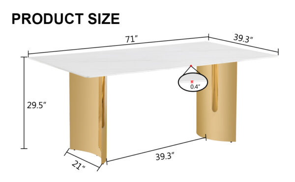 d1b6ae00024147d8bce6054e17fbe289_20231122_0a0db58db89fd68be99a106bab57b655 Modern minimalist dining table. The white imitation marble glass desktop is equipped with golden metal legs. Suitable for restaurants and living rooms 71 "* 39.3" * 29.5 "DT-69