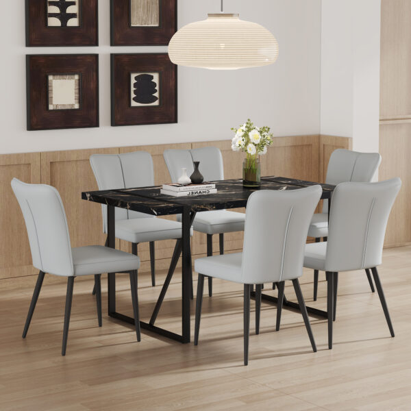 d1c67904a4434e44990b7a13d1333830_3a8dc3e17c35b72ffcd4cff1706979d5 Table and chair set.Modern Black Marble Pattern MDF Dining Set - 55"x31.4"with 6 Light Gray PU chairs with a vertical stripe design on the backrest.Suitable for kitchen,Dining room,etc
