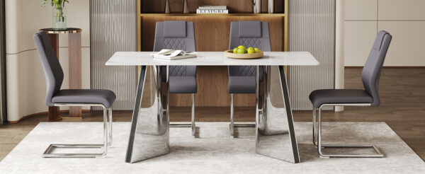 d1d5c2803c394dc2a1520f4a99bf52ed_3452a6f19872c0ec4dfab93aff4dbb58 Table and chair set.63"x31.5x30" Luxurious Snow Mountain Patterned Sintered Stone Table with Silver Metal Butterfly Legs.Paried With 4 Dark Gray High-quality PU Chairs With Arched Metal Legs.